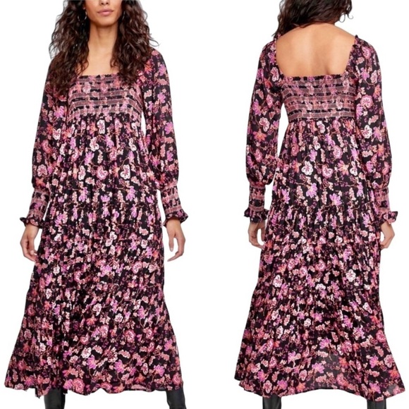 Free People Sweet Escape Floral Long Sleeve Boho Smocked Bodice Maxi Dre… - Picture 1 of 16